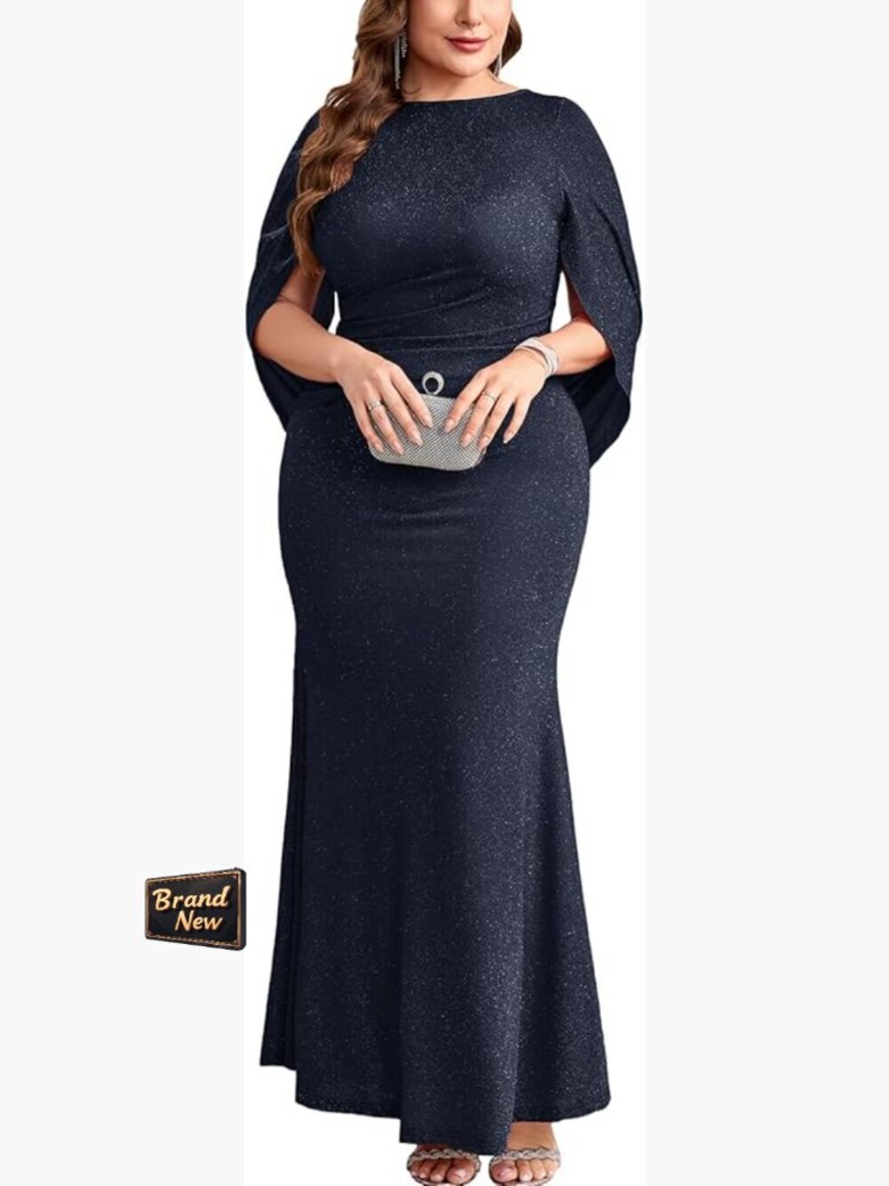 Plus Size Sparkly Glitter Mermaid Maxi Dress Cape Sleeves Ruched Bodycon Formal